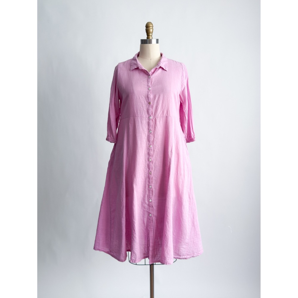 Max Shirt Dress Boho Gauze Midi M Pink Button Front 3/4 Sleeve Cotton Relaxed
